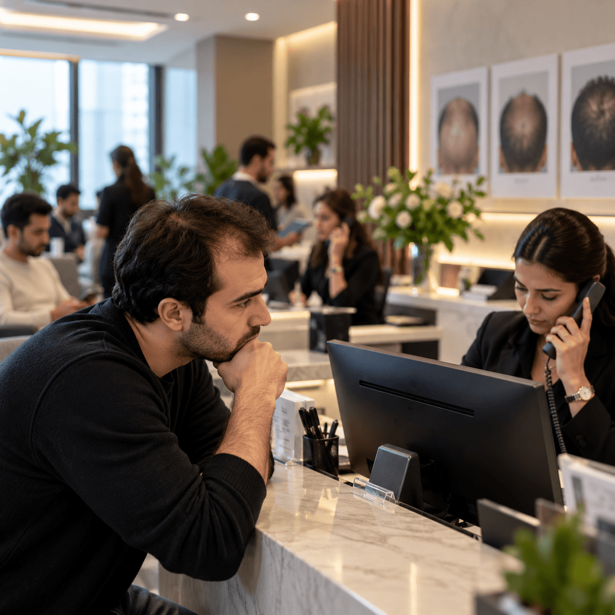 Clinic reception with a patient speaking to a receptionist